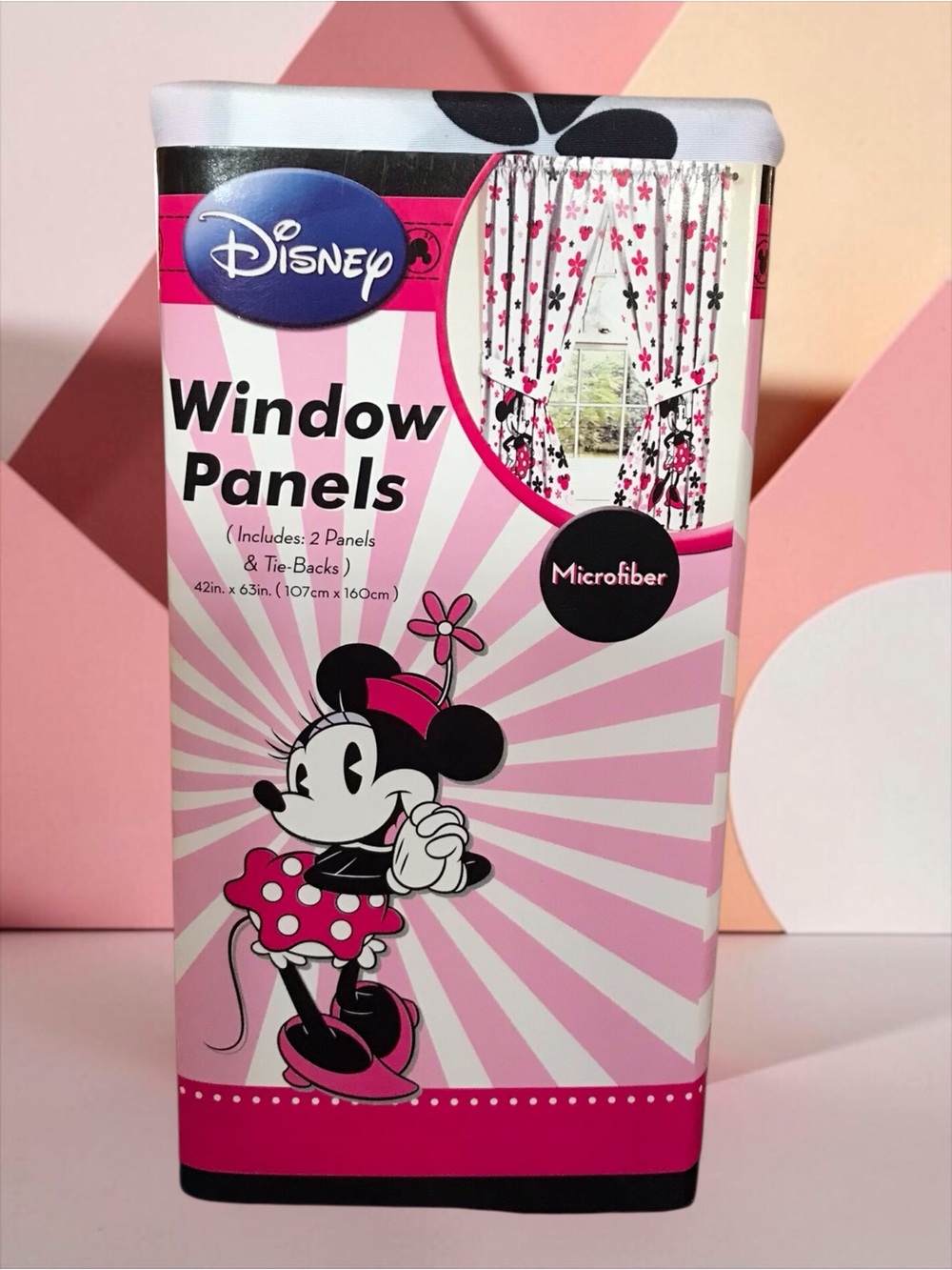 Disney Minnie Mouse Curtains Window Panels 42x63 Pink Black 2 Panels Tie Backs